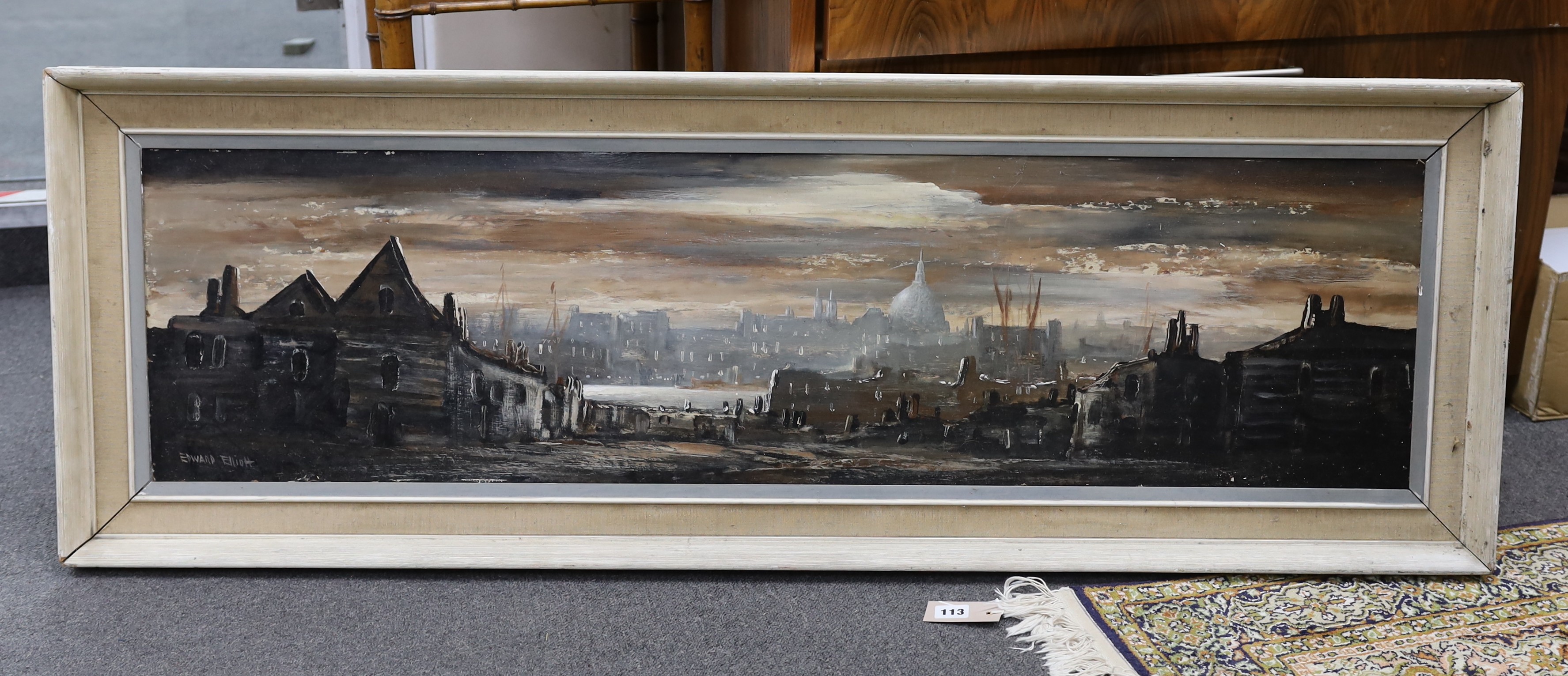 Edward Elliott (b.1918), oil on board, London viewed from the Thames, signed, 32 x 121cm